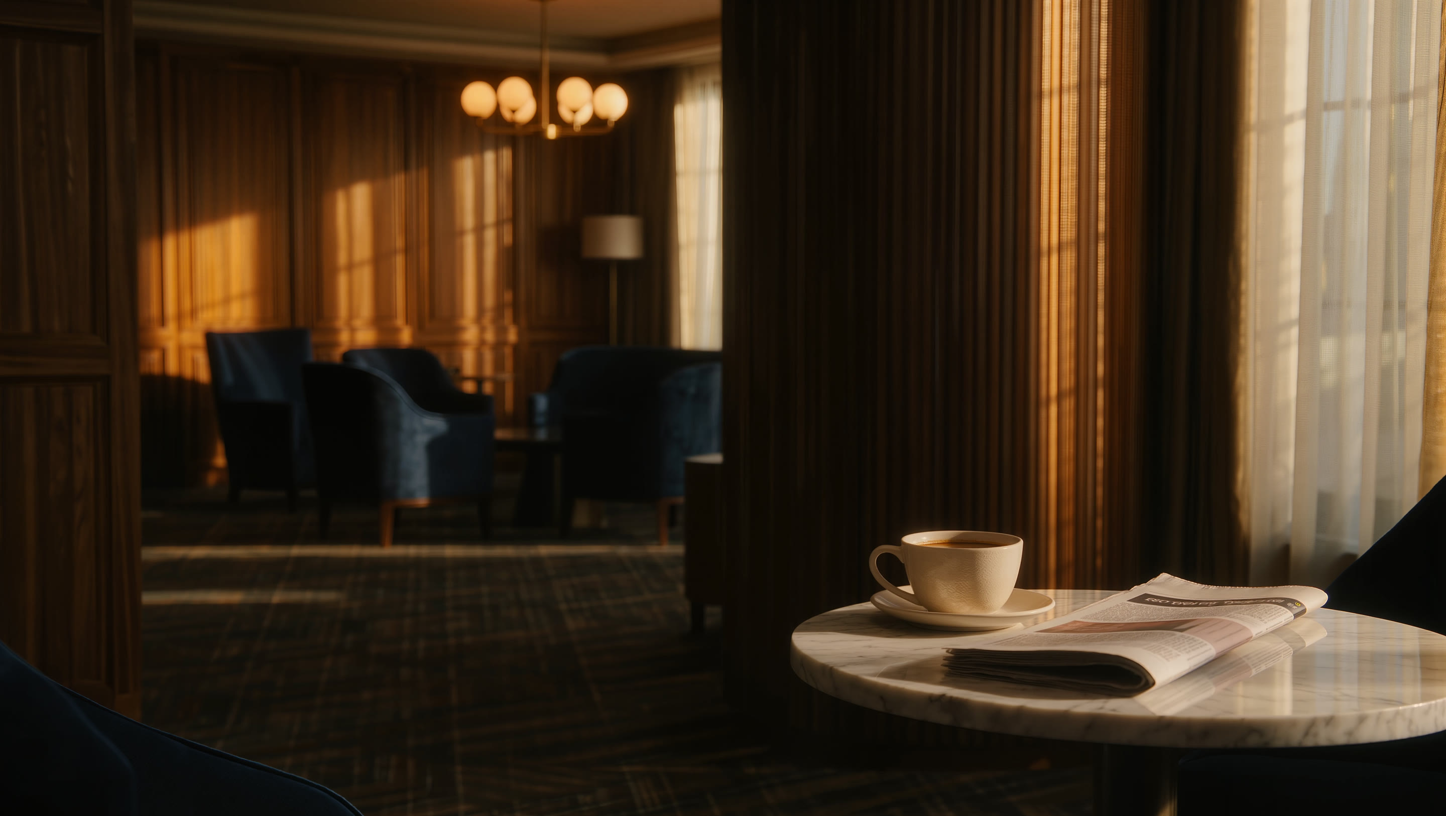 Coffee and a folded newspaper on a marble table in a hotel lounge